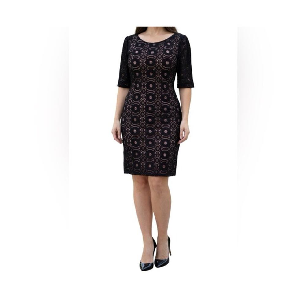 Sophia Christina Dress Size 10 Black Lace Pink Satin Short Sleeve Zip Stretch